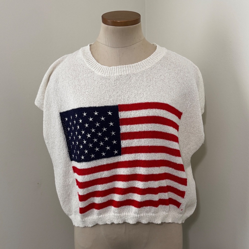 American Flag White Lightweight Sweater Top So Me XL Patriotic Holiday America